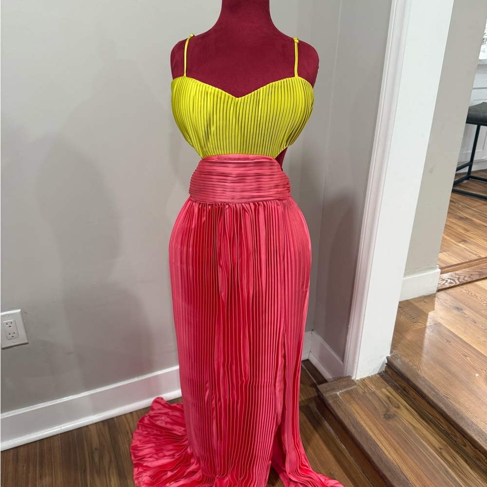 Pleated Two-Tone Yellow & Pink Maxi Dress